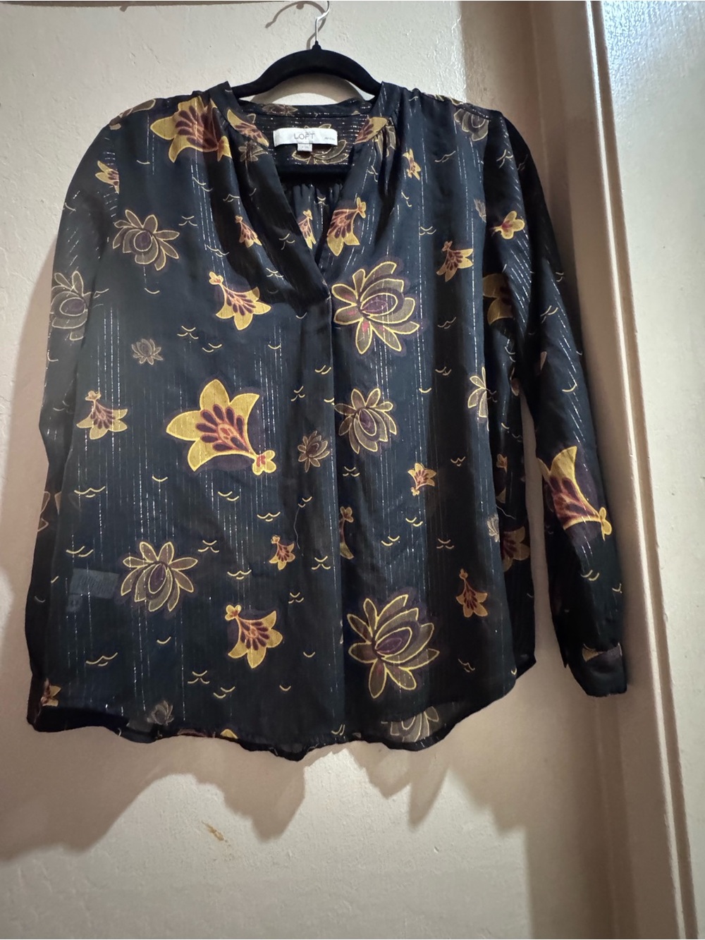 Loft sheer Black Floral V-Neck Long Sleeve Blouse
